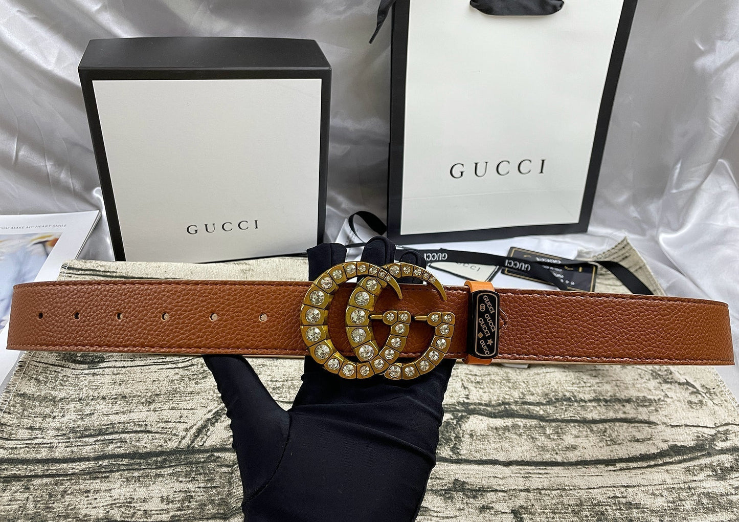 4 Colors double-G rhinestone double-sided lychee pattern belt