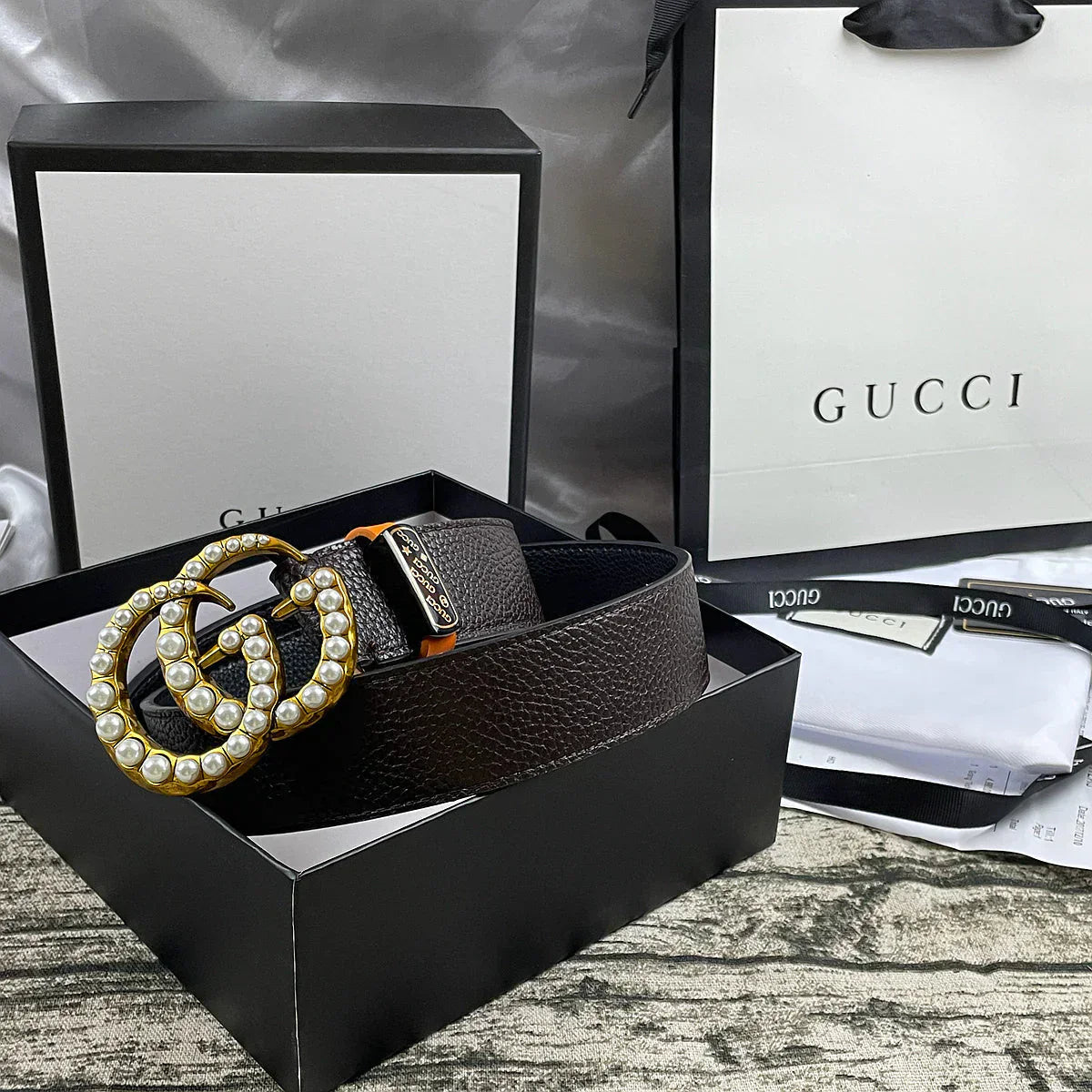 4 Colors Double G Pearl Litchi Pattern Double Sided Belt