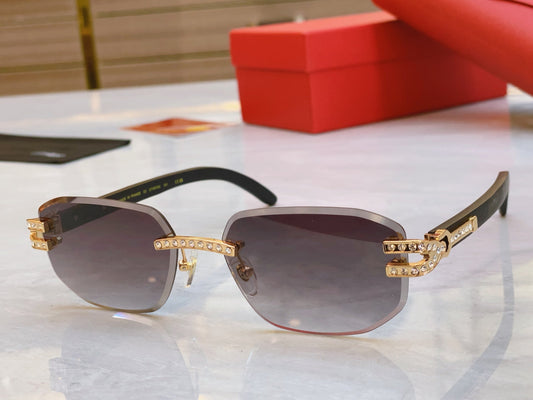 High end diamond studded sunglasses paired with wooden legs