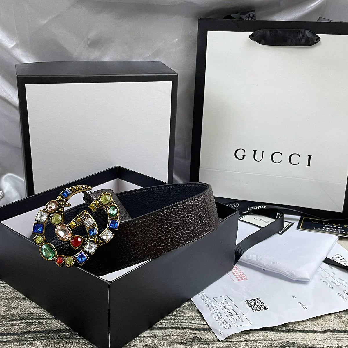 4 Colors double G seven-color rhinestone double-sided lychee pattern belt