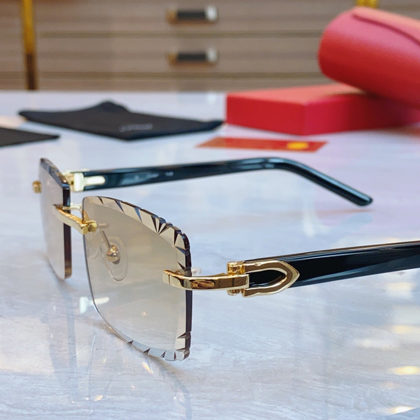 High end cut square frameless lens sunglasses