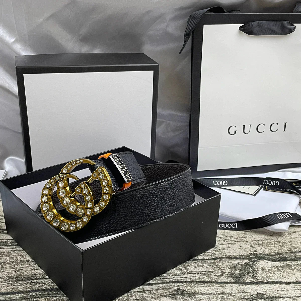 4 Colors double-G rhinestone double-sided lychee pattern belt