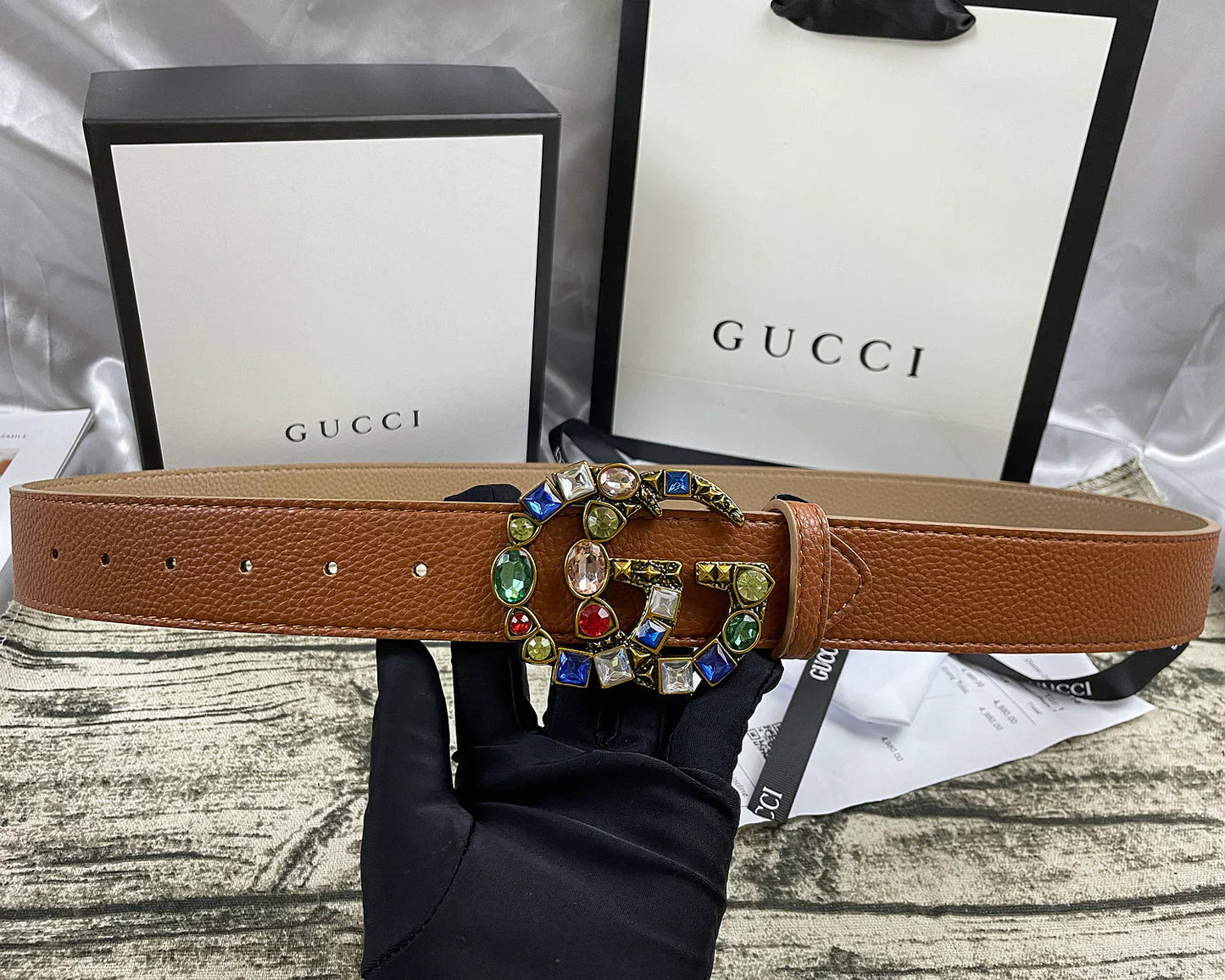 4 Colors double G seven-color rhinestone double-sided lychee pattern belt