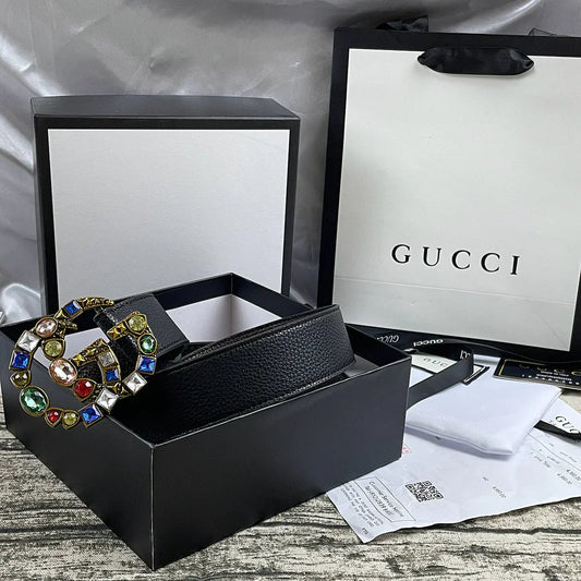 4 Colors double G seven-color rhinestone double-sided lychee pattern belt