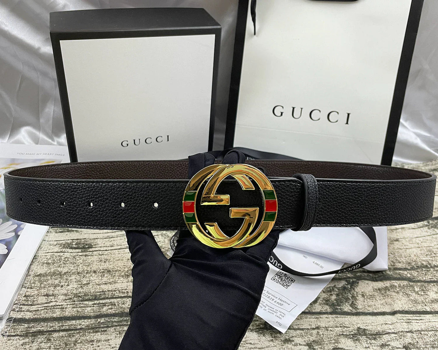 4 Colors double-G three-layer lychee pattern double-sided belt