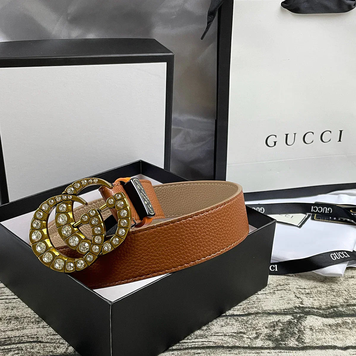 4 Colors double-G rhinestone double-sided lychee pattern belt