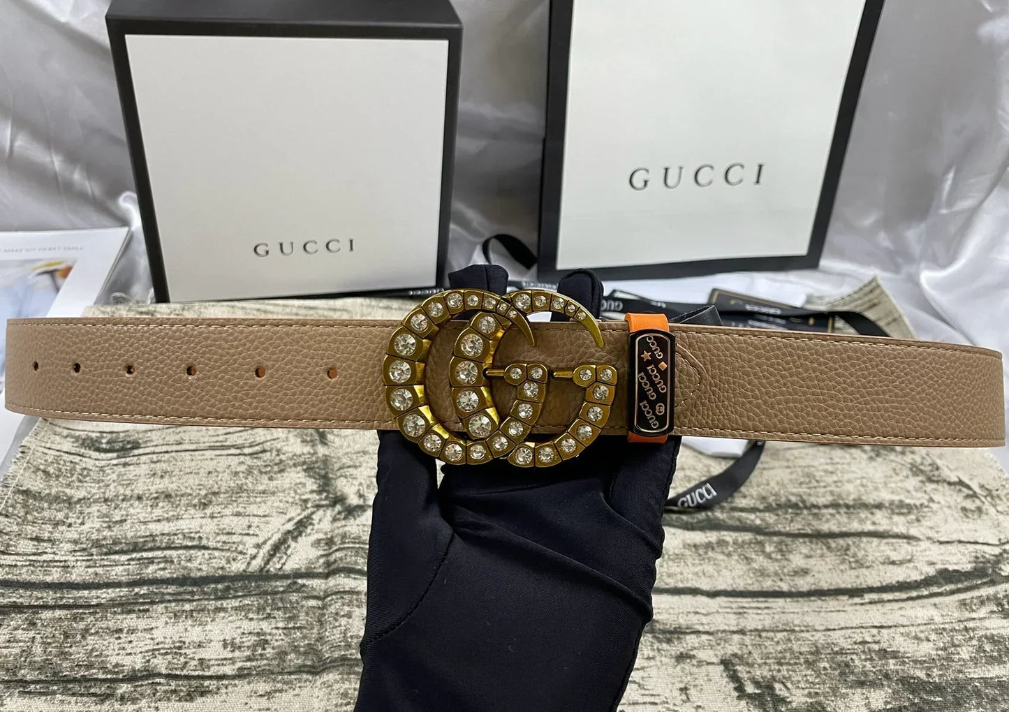 4 Colors double-G rhinestone double-sided lychee pattern belt