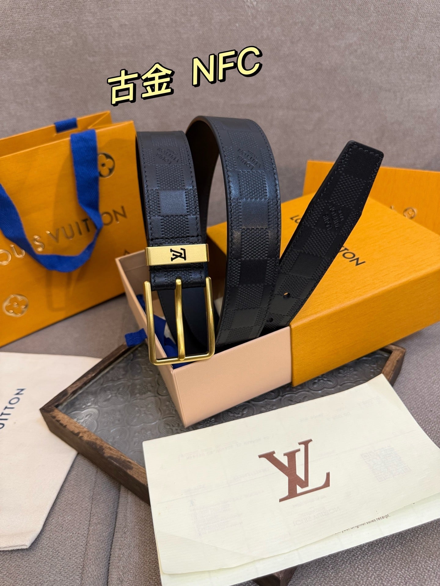 Top layer cowhide checkered golden belt 3.5cm