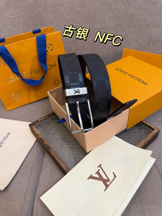 Top layer cowhide checkered silver belt 3.5cm