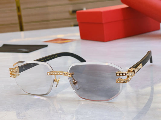 High end diamond studded color changing sunglasses paired with wooden legs
