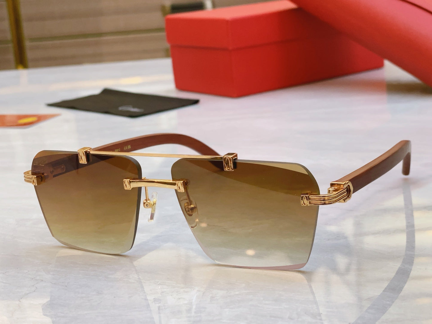 High end minimalist cut wooden leg sunglasses