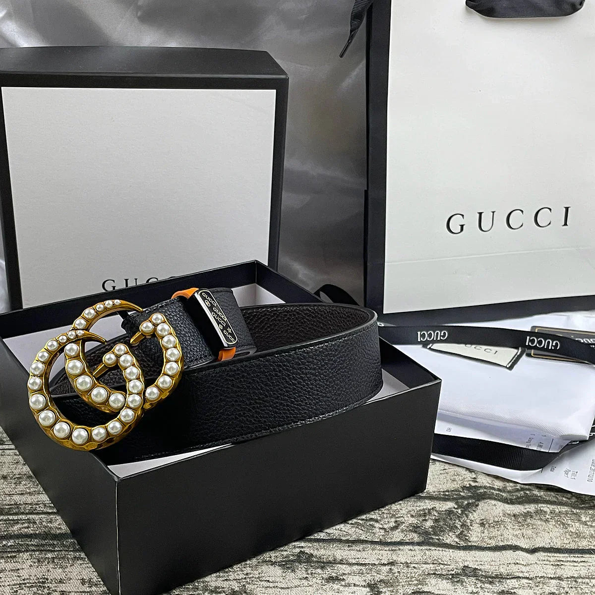 4 Colors Double G Pearl Litchi Pattern Double Sided Belt