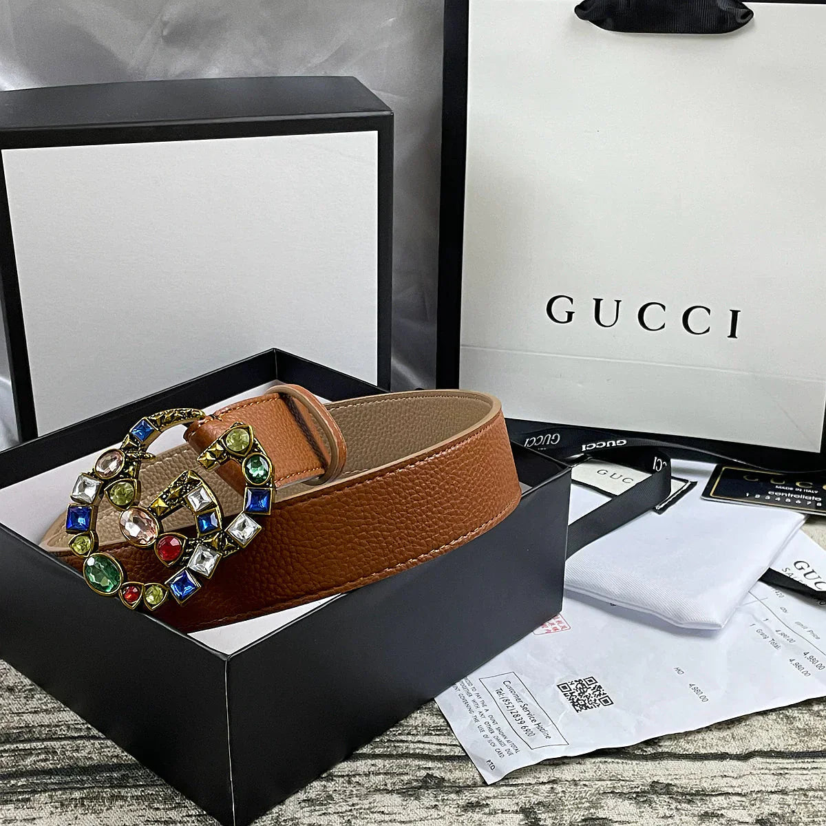 4 Colors double G seven-color rhinestone double-sided lychee pattern belt