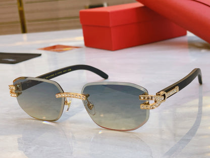 High end diamond studded sunglasses paired with wooden legs