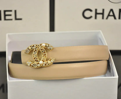 6-color double C hollow-out LOGO pearl belt