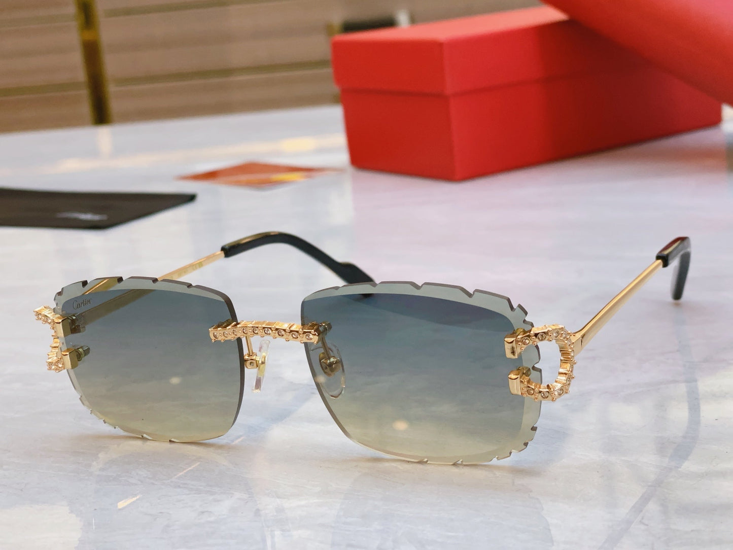 High end sunglasses with precision cutting and diamond inlay