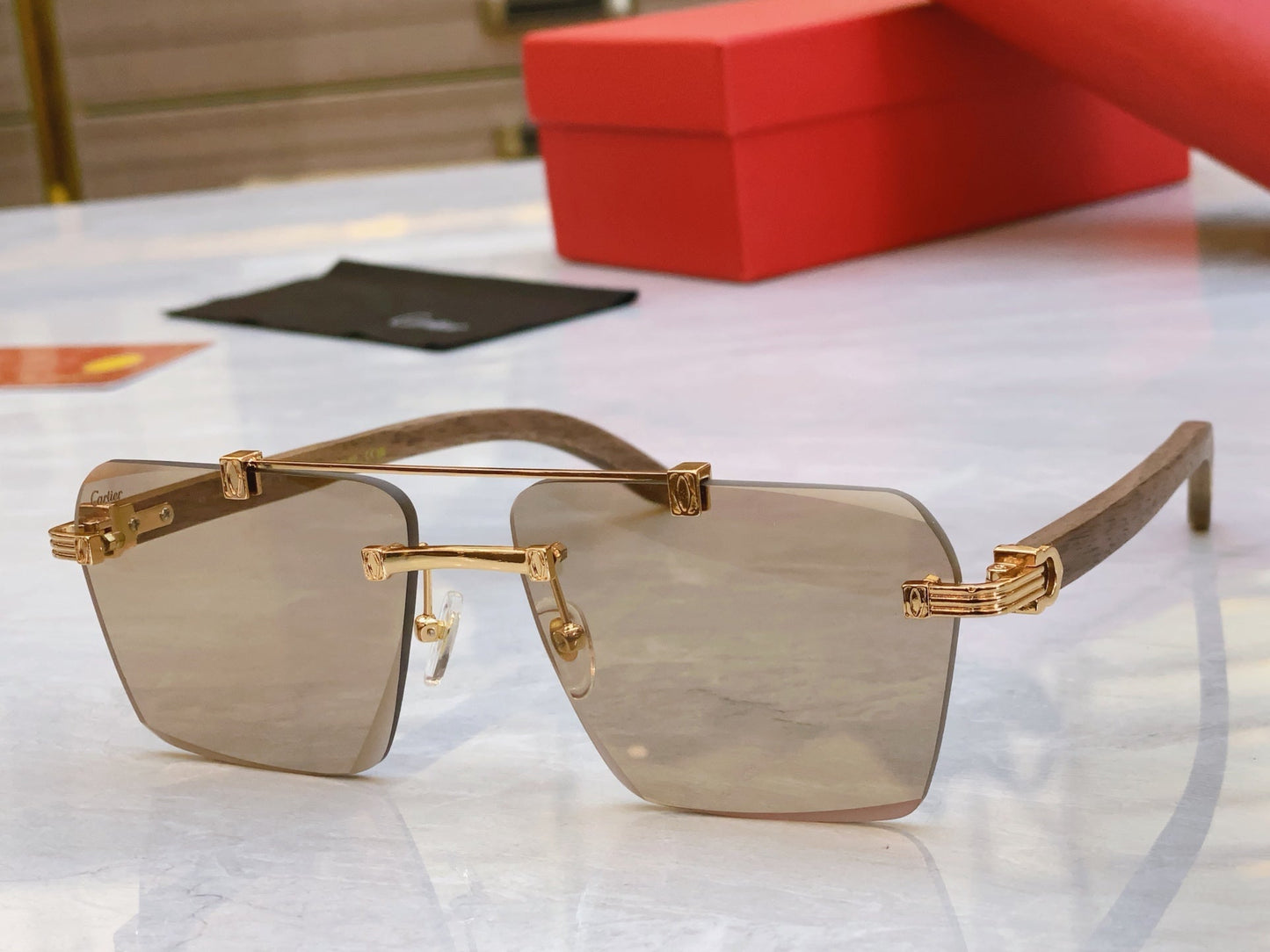 High end minimalist cut wooden leg sunglasses
