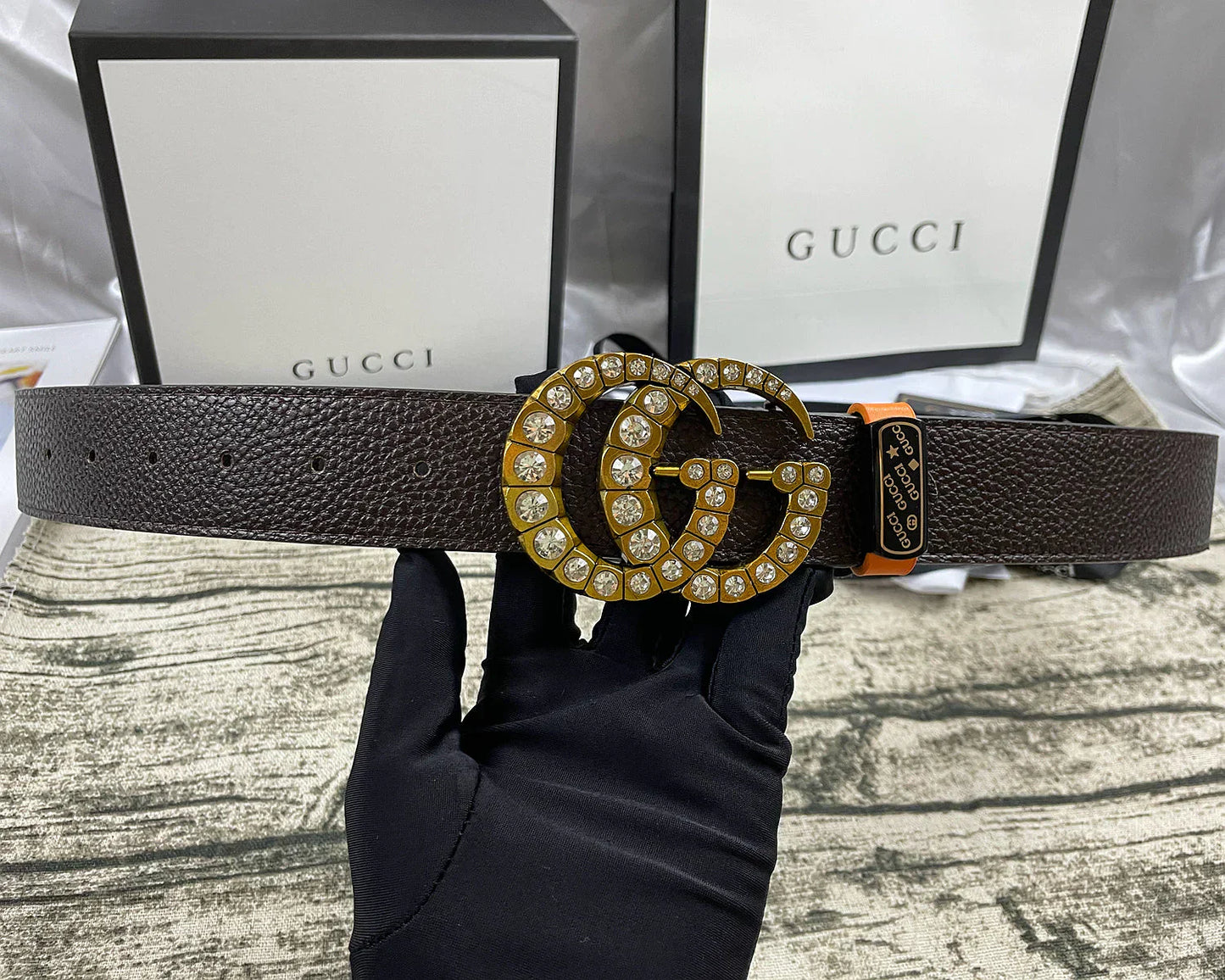 4 Colors double-G rhinestone double-sided lychee pattern belt