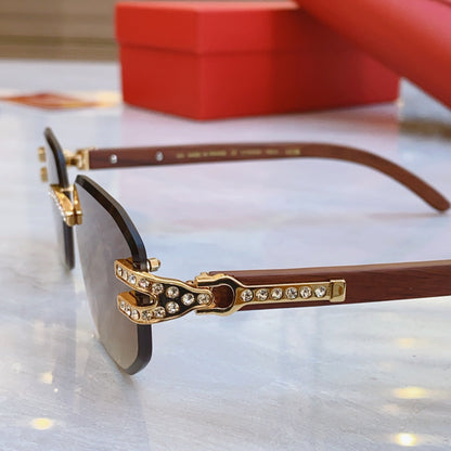 High end diamond studded sunglasses paired with wooden legs