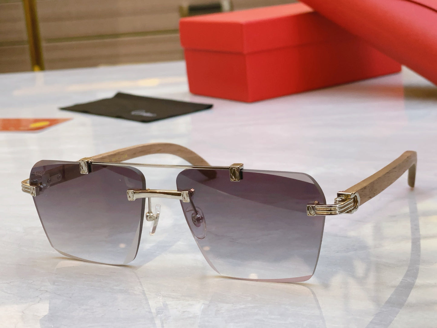 High end minimalist cut wooden leg sunglasses