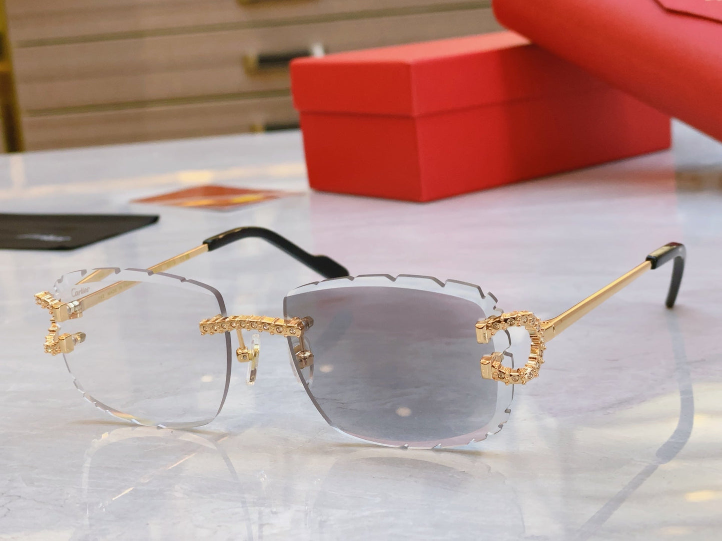 High end color changing sunglasses with precision cutting and diamond inlay