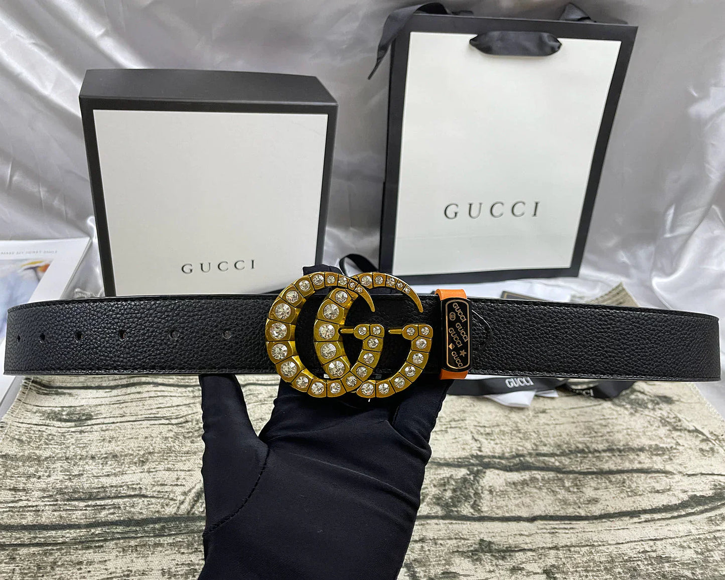 4 Colors double-G rhinestone double-sided lychee pattern belt