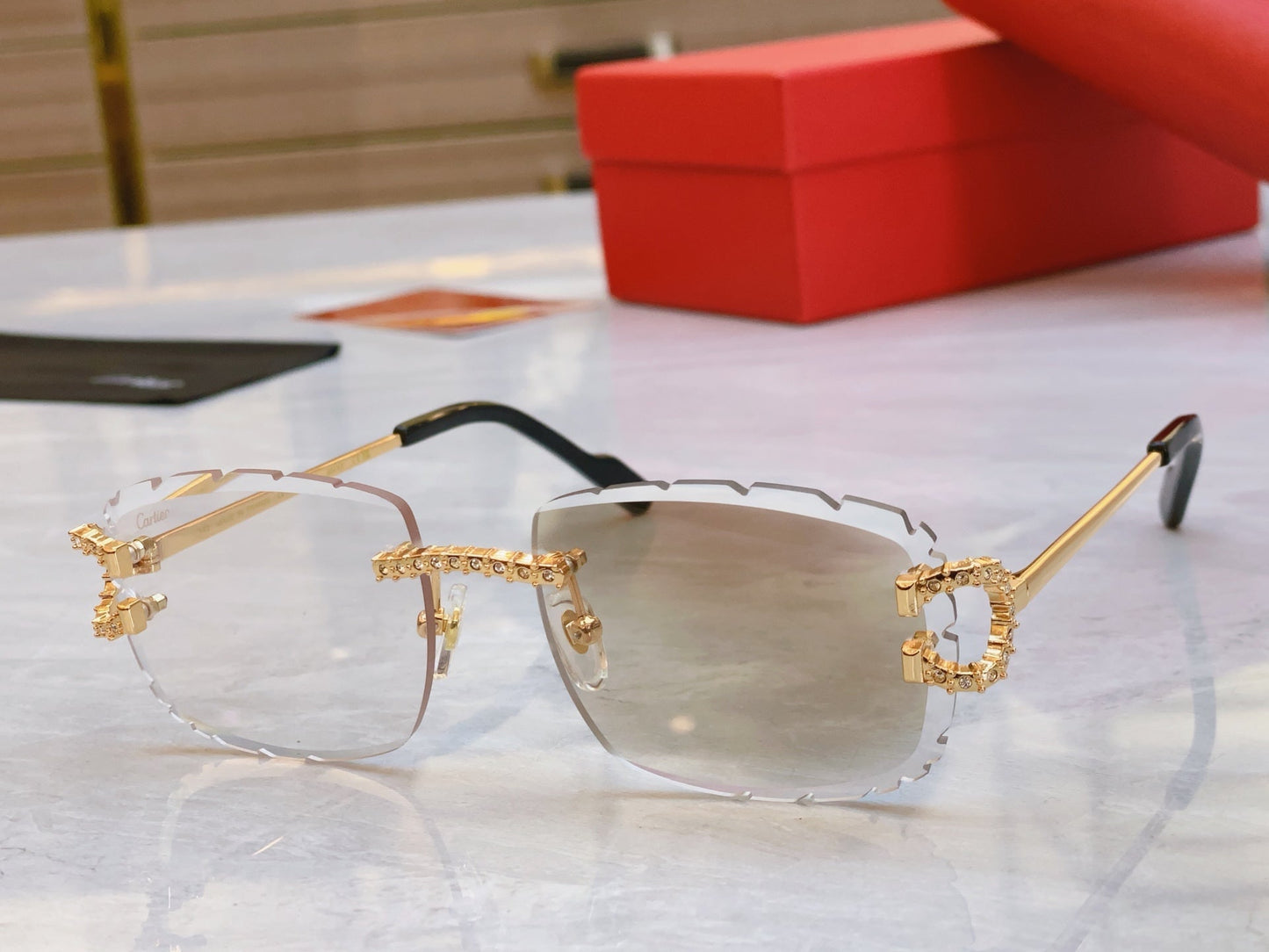 High end color changing sunglasses with precision cutting and diamond inlay
