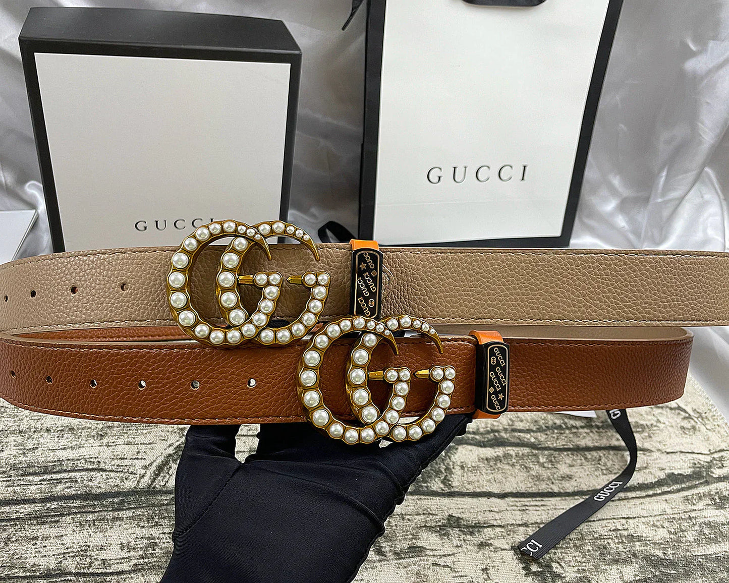 4 Colors Double G Pearl Litchi Pattern Double Sided Belt