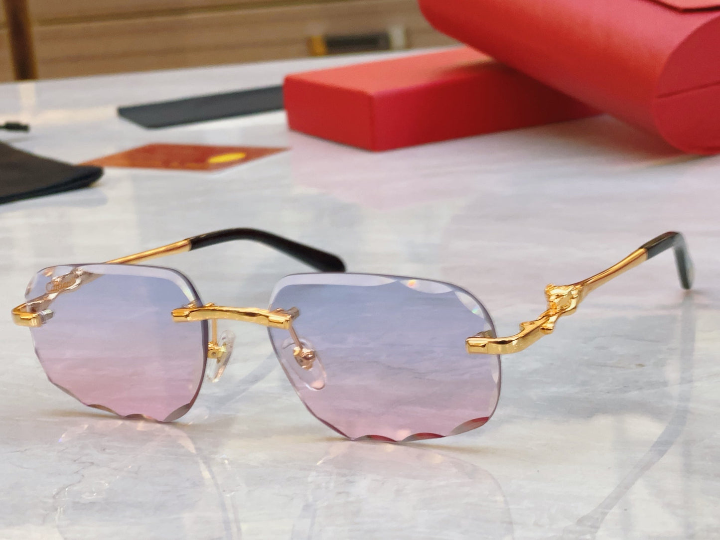 High end cut lens leopard frameless sunglasses