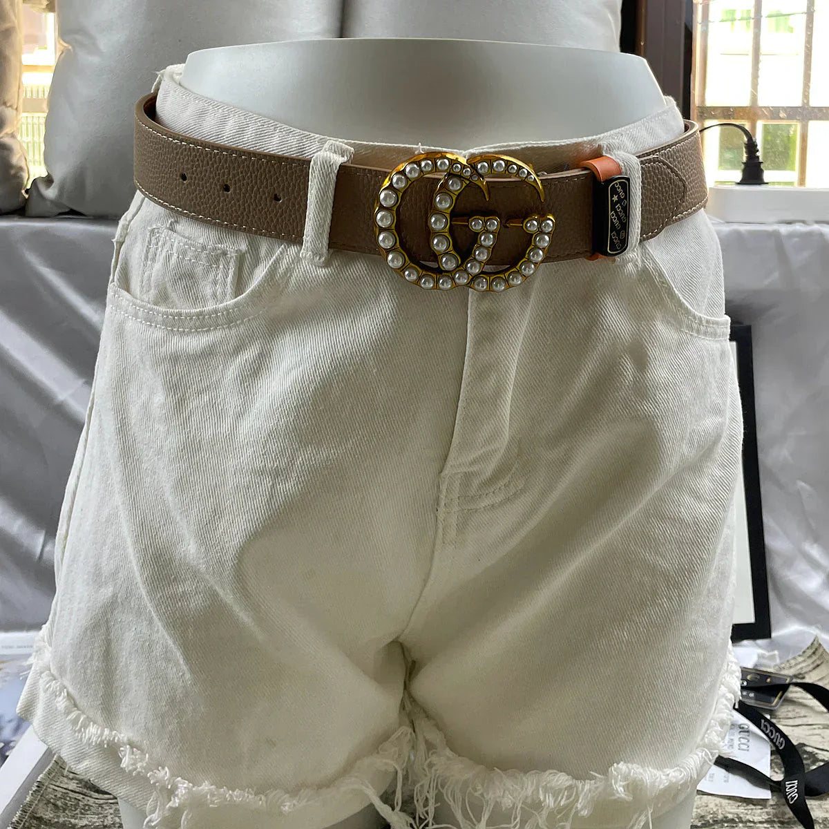 4 Colors Double G Pearl Litchi Pattern Double Sided Belt