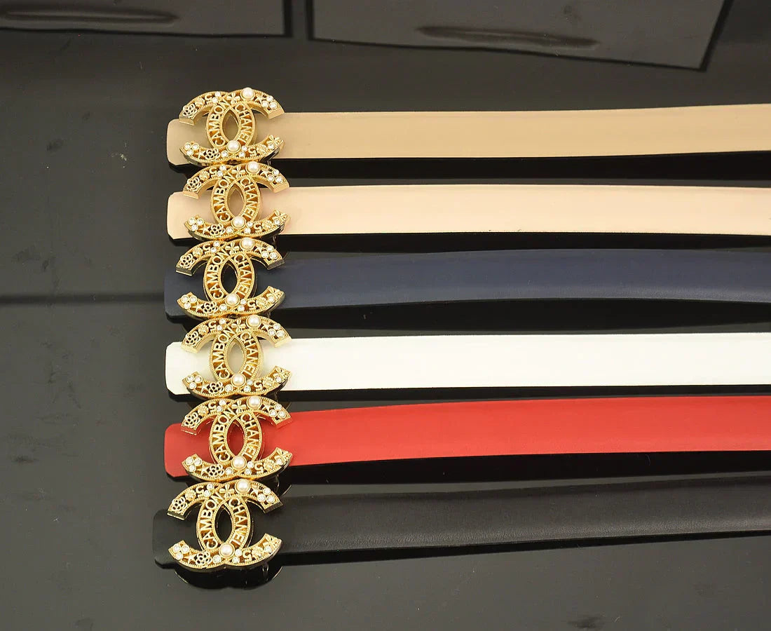 6-color double C hollow-out LOGO pearl belt