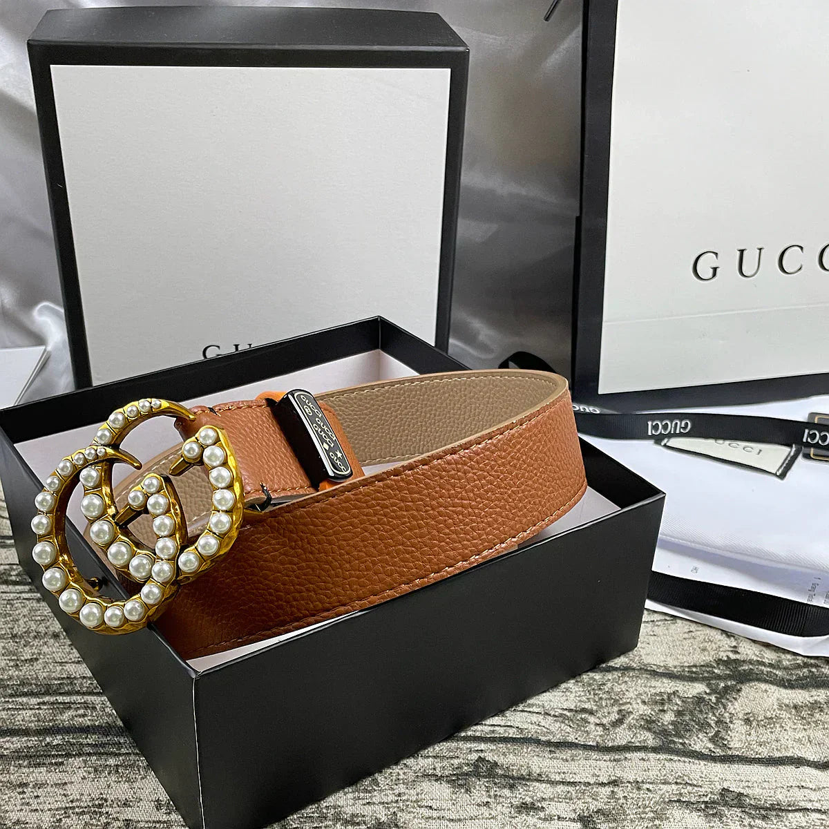 4 Colors Double G Pearl Litchi Pattern Double Sided Belt