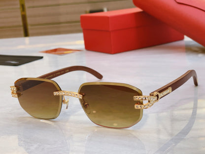 High end diamond studded sunglasses paired with wooden legs