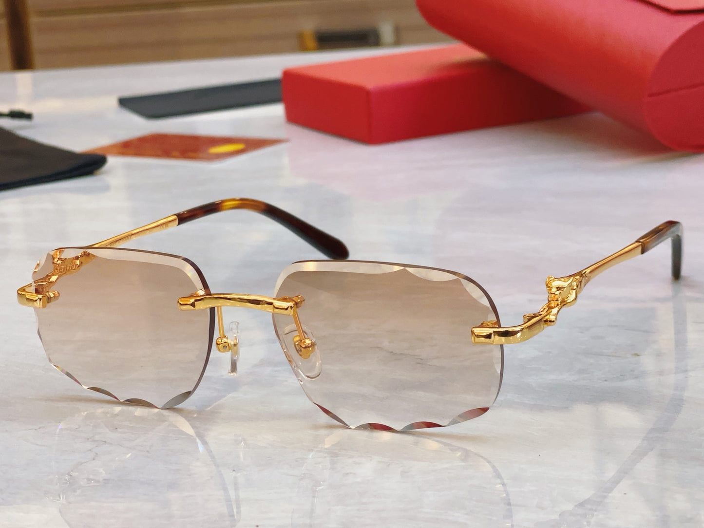 High end cut lens leopard frameless sunglasses