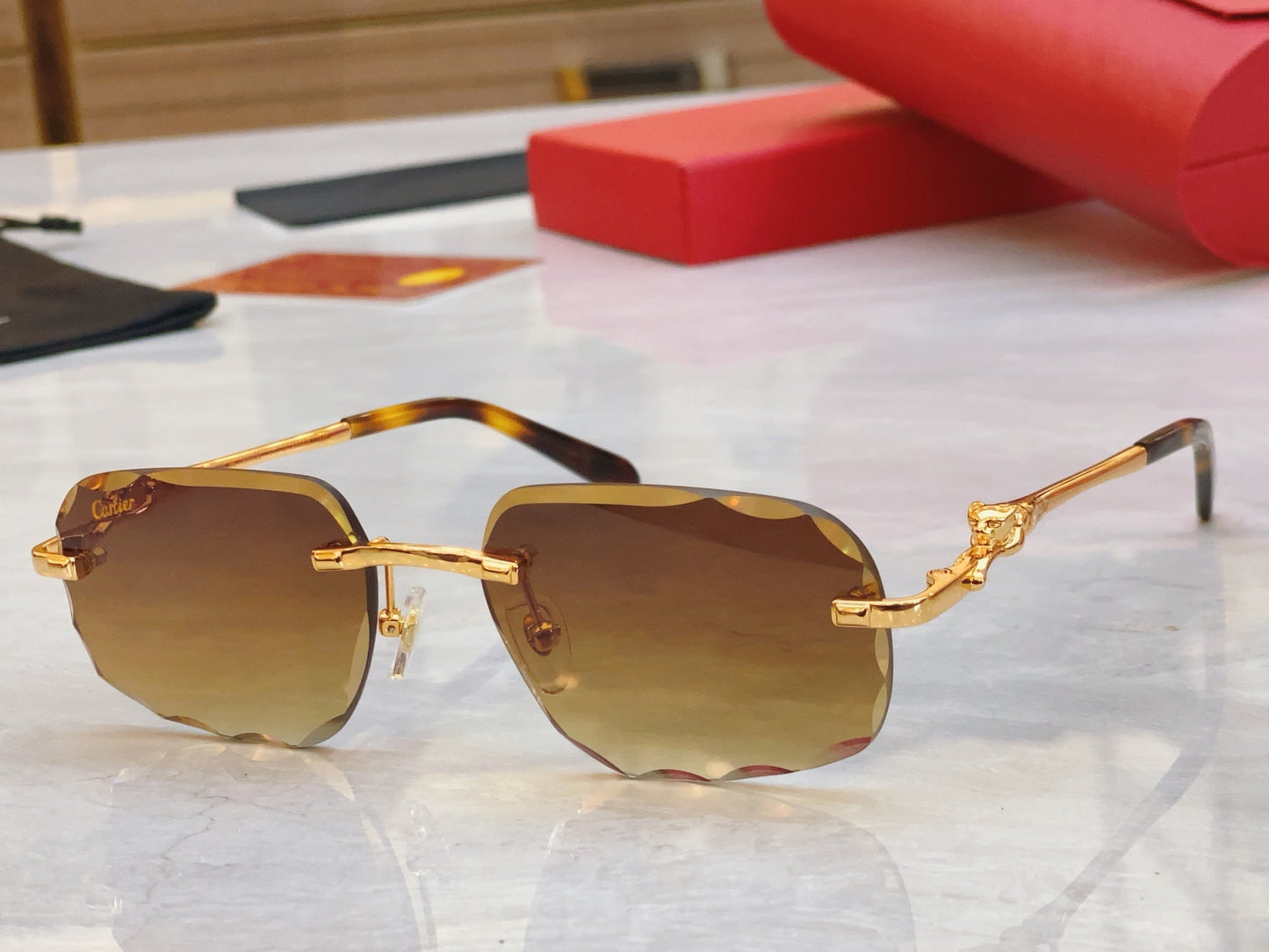 High end cut lens leopard frameless sunglasses