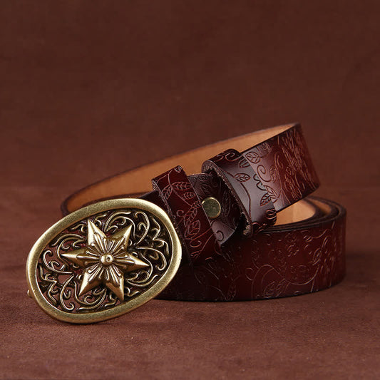 Women's Flower Embossing Five-Pointed Star Buckle Leather Belt