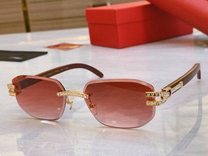 High end diamond studded sunglasses paired with wooden legs