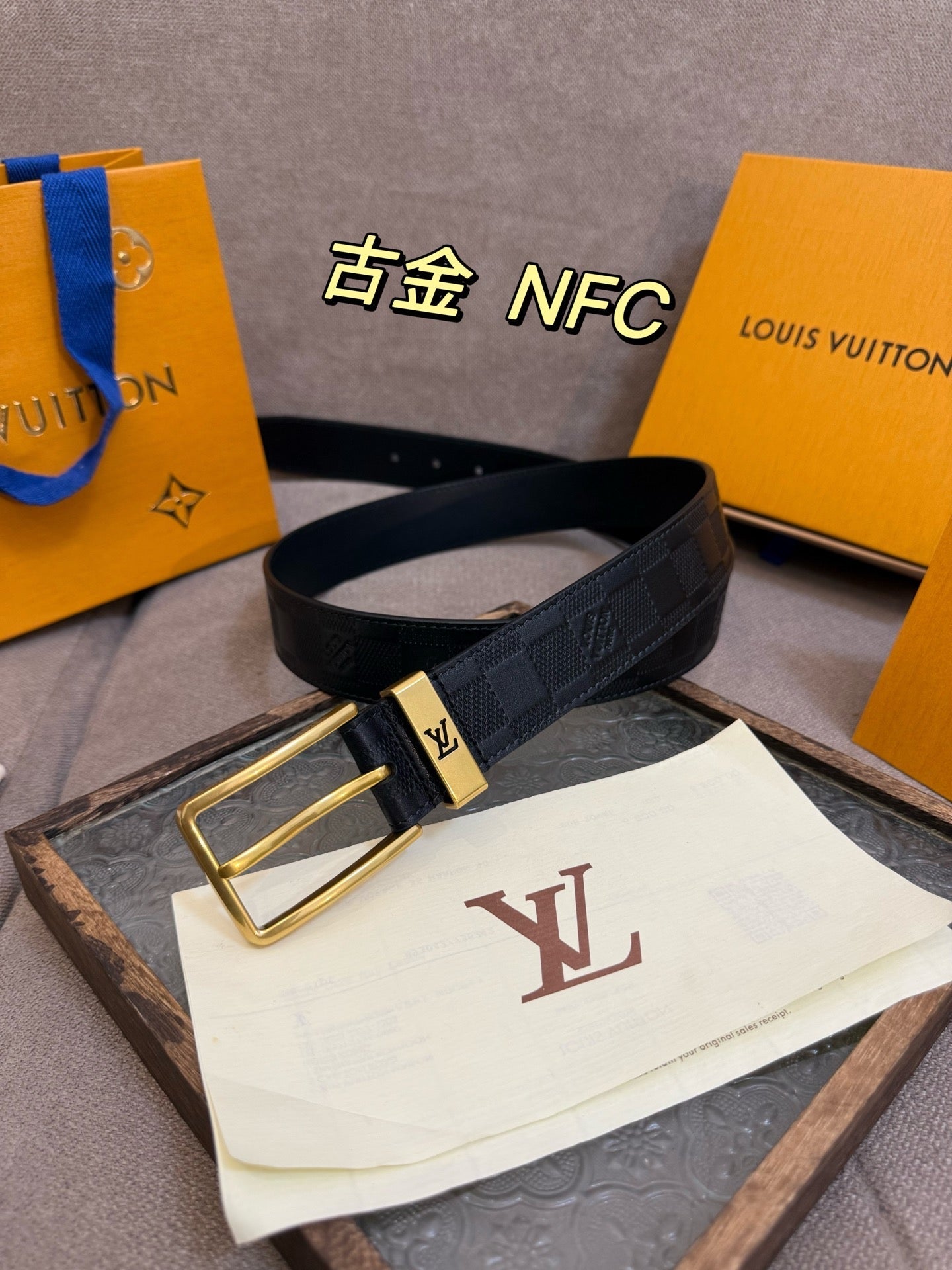 Top layer cowhide checkered golden belt 3.5cm