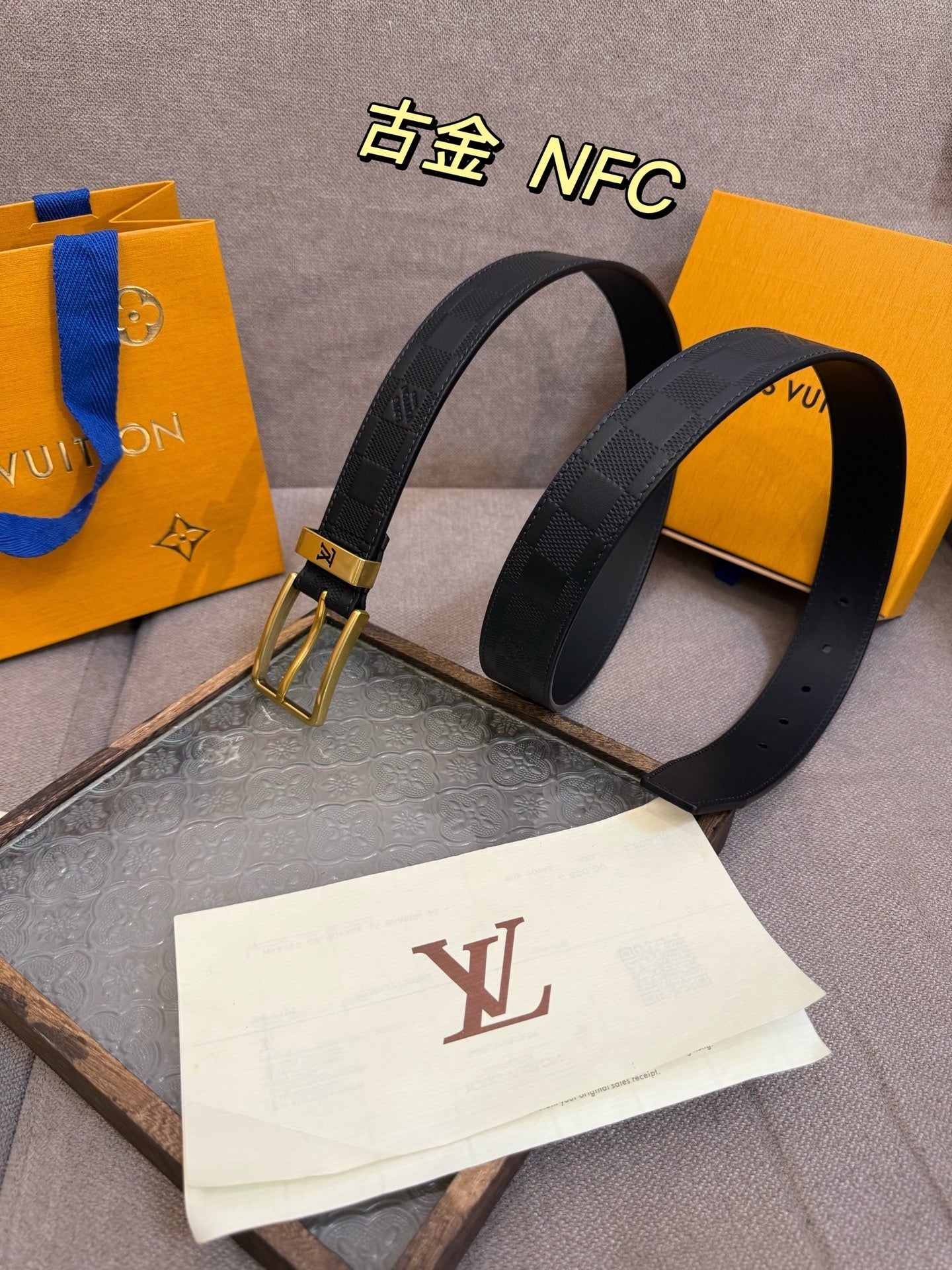 Top layer cowhide checkered golden belt 3.5cm