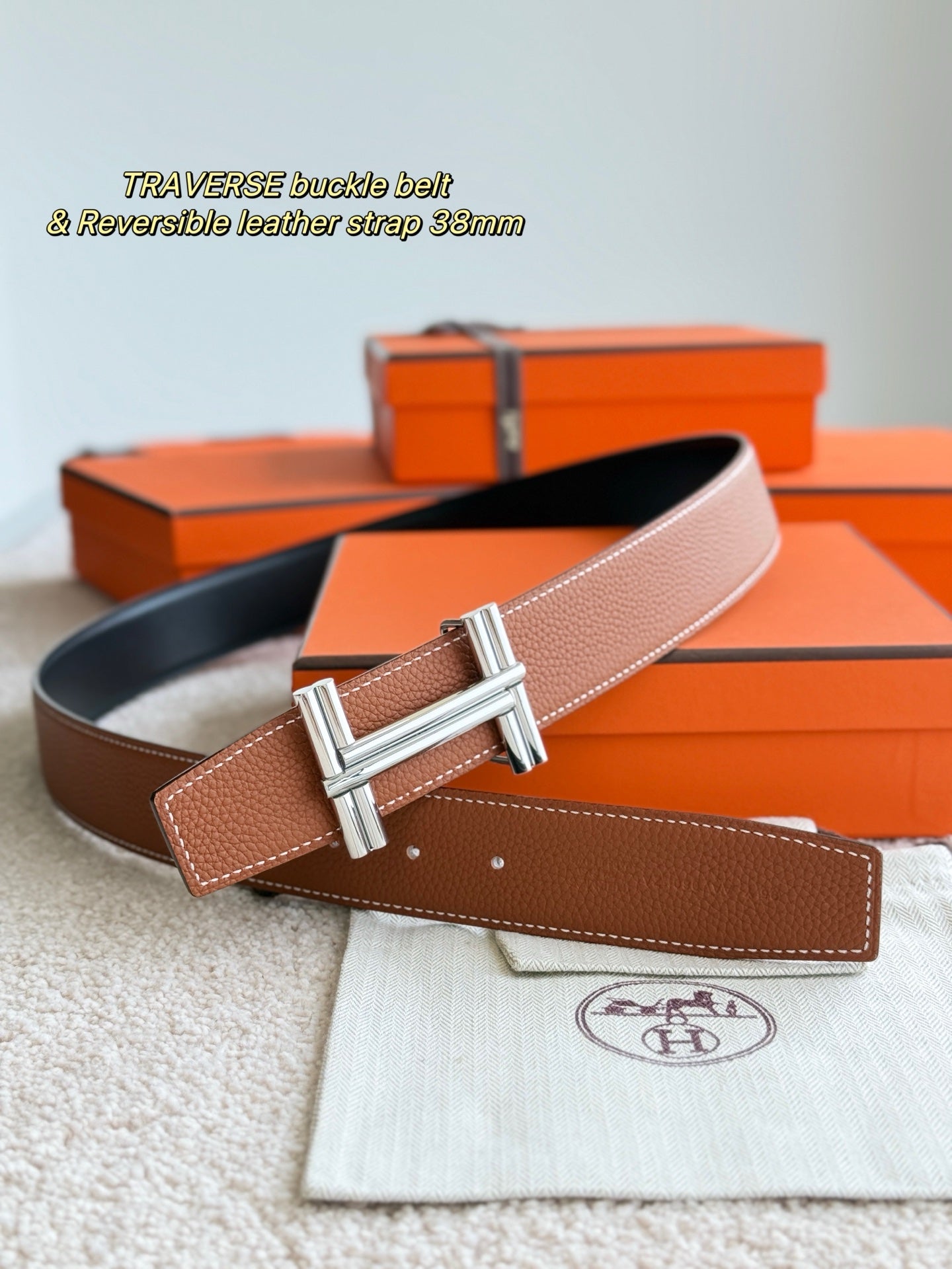 Premium hardware paired with a golden-brown togo leather belt 3.8cm