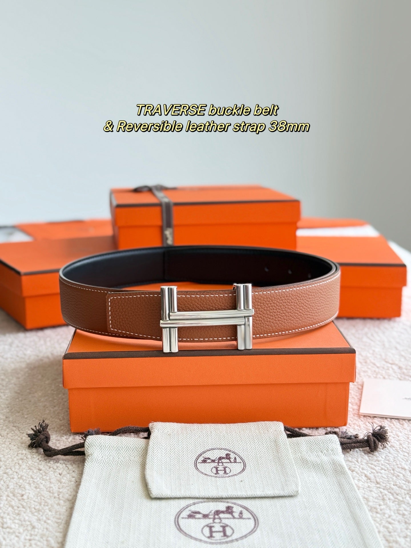 Premium hardware paired with a golden-brown togo leather belt 3.8cm