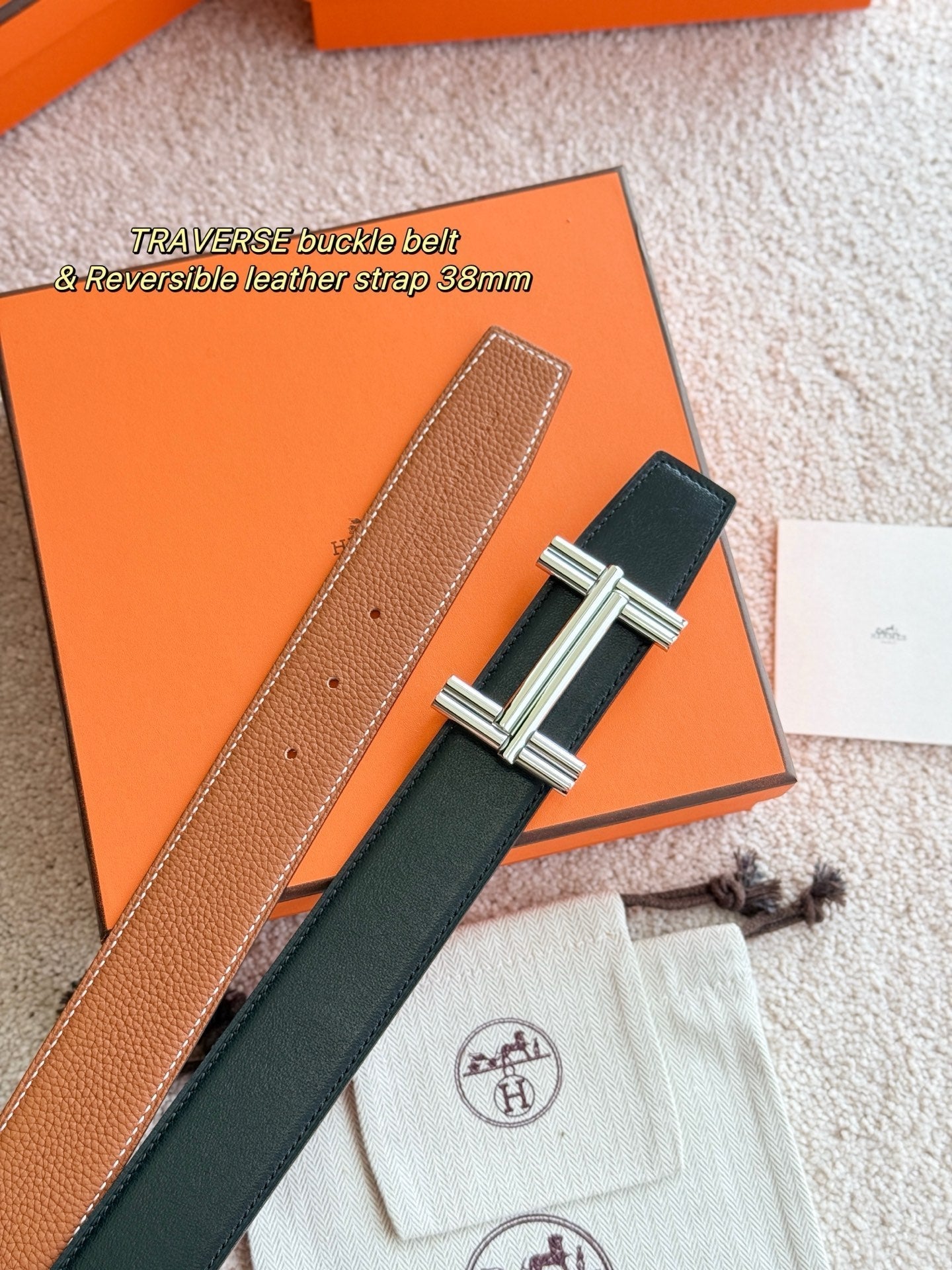 Premium hardware paired with a golden-brown togo leather belt 3.8cm