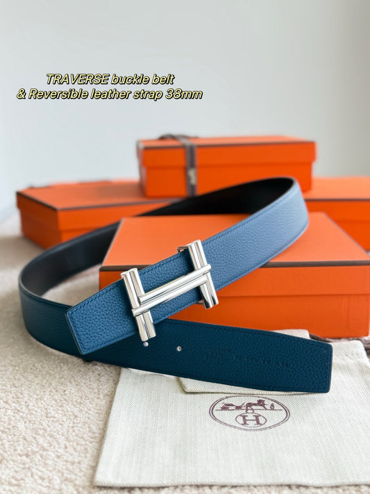 Premium hardware paired with a deep blue togo leather belt 3.8cm