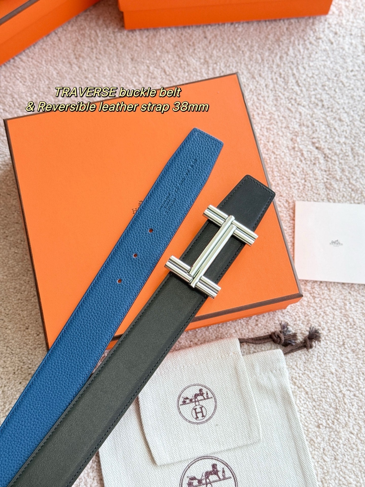 Premium hardware paired with a deep blue togo leather belt 3.8cm