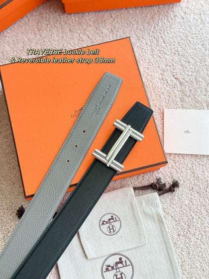 Premium hardware paired with a cumulonimbus grey togo leather belt 3.8cm