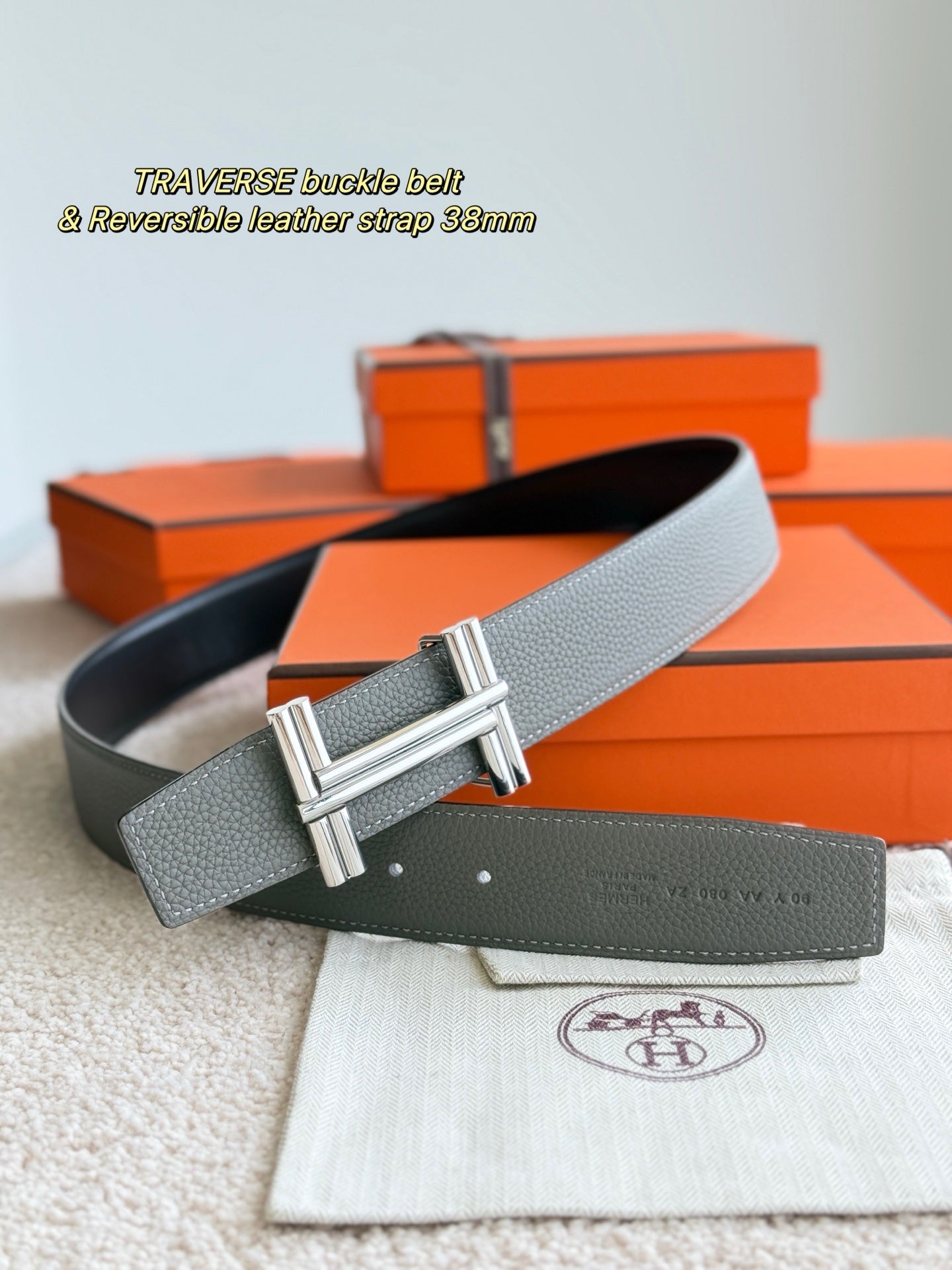 Premium hardware paired with a cumulonimbus grey togo leather belt 3.8cm