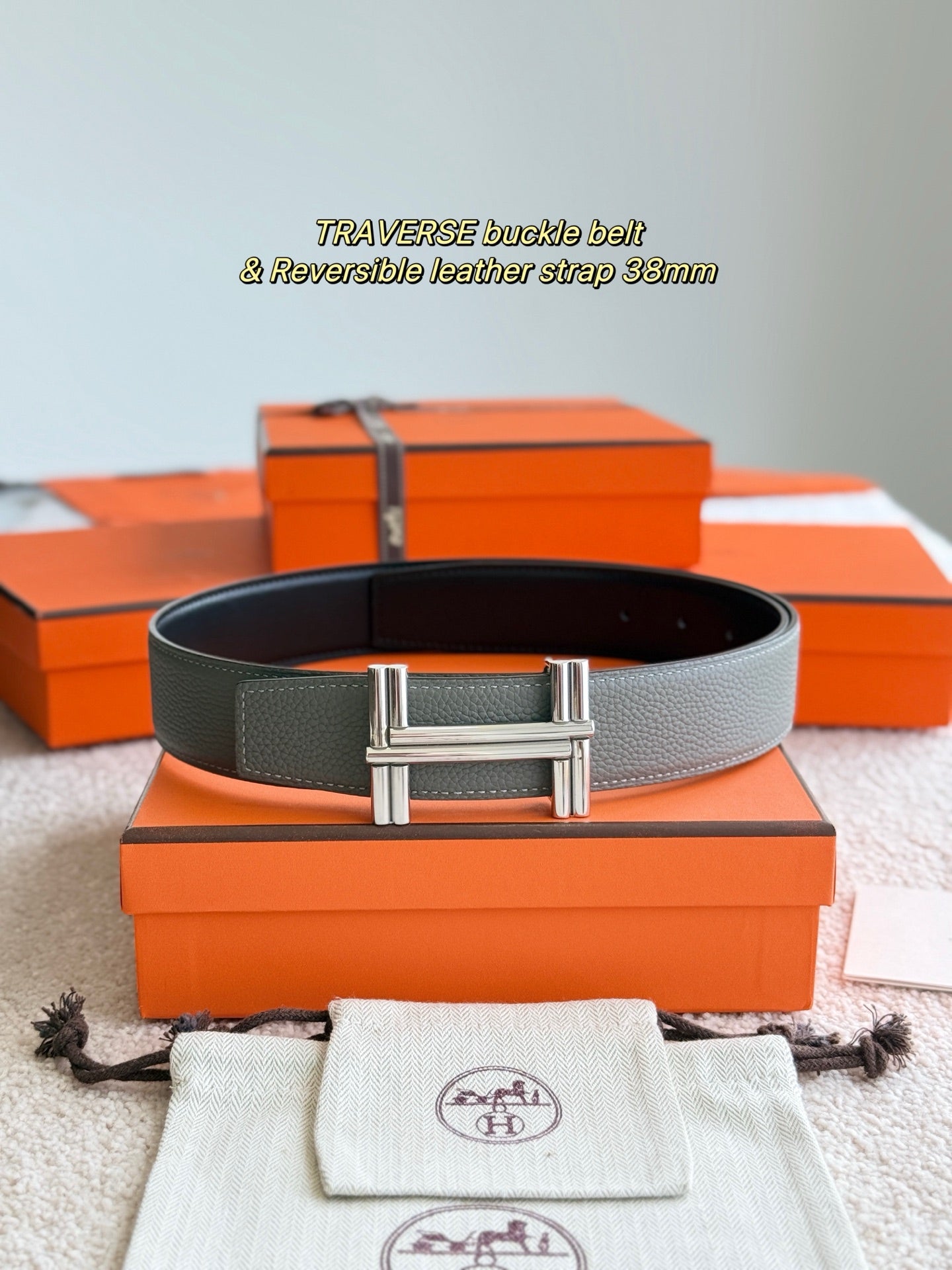 Premium hardware paired with a cumulonimbus grey togo leather belt 3.8cm