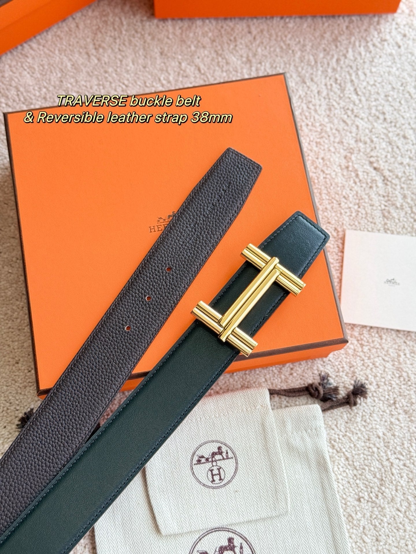 Premium hardware paired with a chocolate togo leather belt 3.8cm