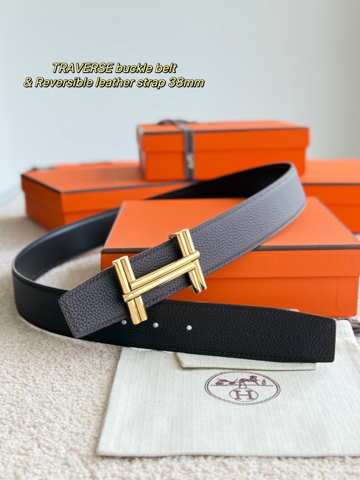 Premium hardware paired with a chocolate togo leather belt 3.8cm