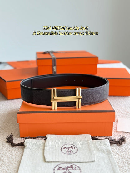 Premium hardware paired with a chocolate togo leather belt 3.8cm